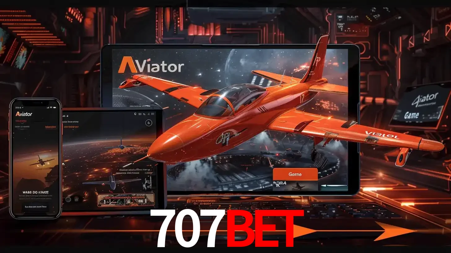 Apresentação tecnológica do jogo Aviator com um avião saindo da tela de um tablet, demonstrando a experiência imersiva em múltiplos dispositivos no 707bet.