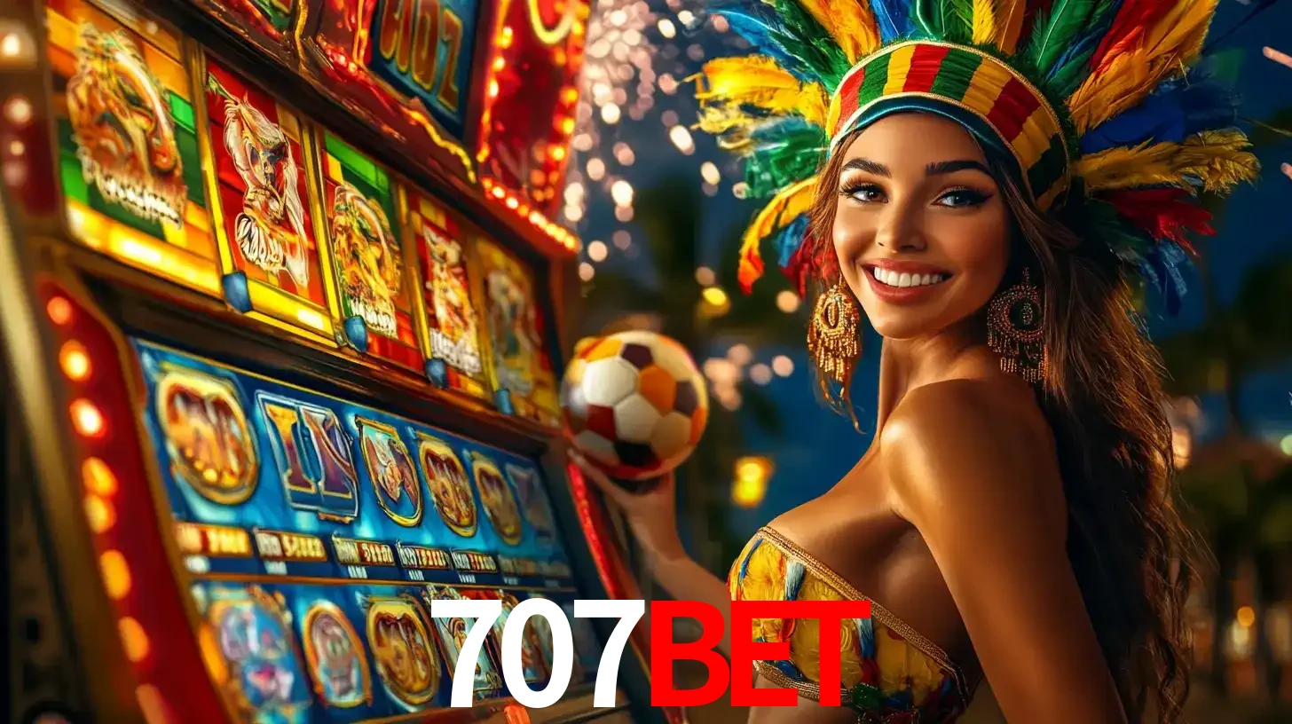 Mulher com um cocar de carnaval ao lado de uma máquina de caça-níqueis enquanto segura uma bola de futebol, mostrando a união da diversão de cassino e esportes no 707bet.