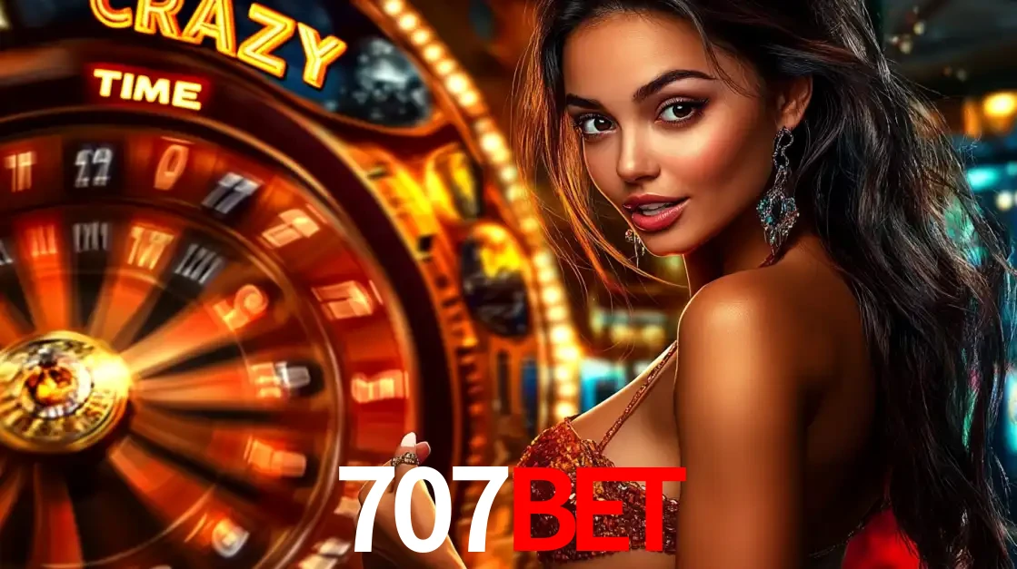 Mulher ao lado da roda de prêmios do jogo de cassino ao vivo Crazy Time, um dos shows de jogos mais emocionantes oferecidos pela plataforma de apostas 707bet.
