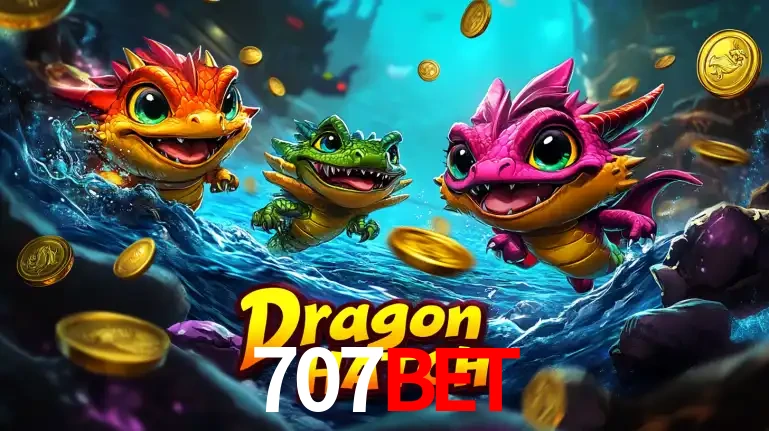 Arte promocional do jogo Dragon Hatch com três adoráveis dragões bebês nadando entre moedas de ouro, um dos slots mais divertidos para jogar no cassino 707bet.