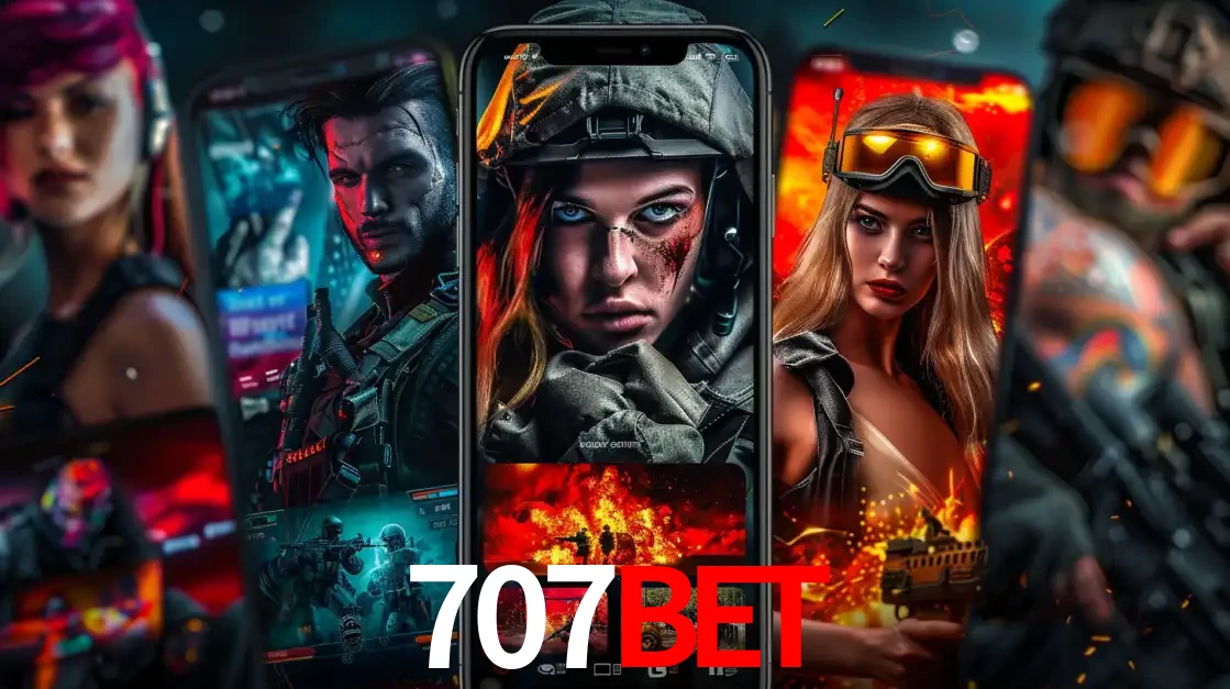 Montagem de telas de celular mostrando diversos personagens, masculinos e femininos, de um jogo de tiro, ilustrando a diversidade de equipes de e-sports para apostar no 707bet.