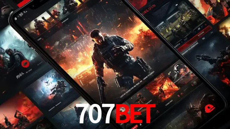 Tela de um celular exibindo uma galeria de jogos de tiro com temática militar, mostrando a variedade de e-sports disponíveis para apostas na plataforma de entretenimento 707bet.