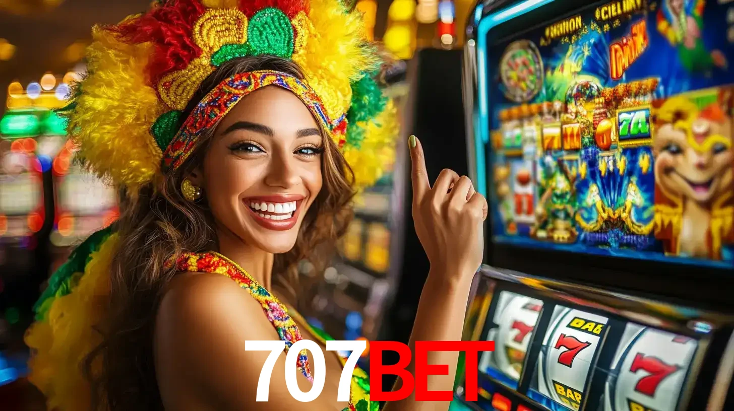 Mulher animada com um cocar de carnaval apontando para uma máquina de caça-níqueis, mostrando a emoção de ganhar um grande prêmio nos jogos do 707bet.