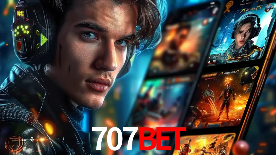 Jovem jogador com fones de ouvido olhando para a câmera, com um aplicativo de jogos e e-sports para celular ao fundo, pronto para a competição e apostas no 707bet.