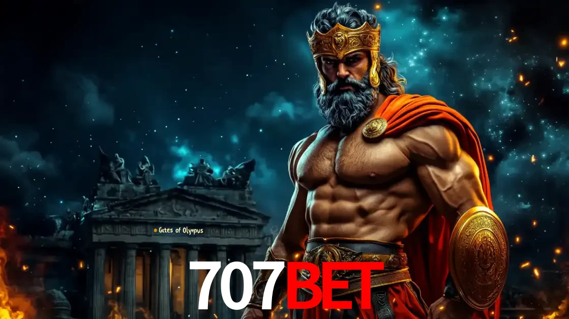 O poderoso Zeus do jogo de slot Gates of Olympus em frente ao seu templo, pronto para lançar multiplicadores divinos e prêmios épicos no cassino online 707bet.