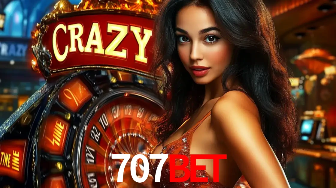 Mulher glamourosa olhando para a câmera com a roda vermelha do Crazy Time ao fundo em um ambiente de cassino, destacando a emoção dos jogos ao vivo no 707bet.