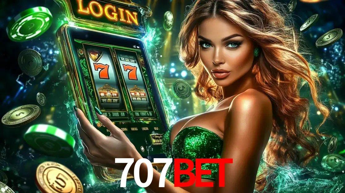 Mulher com tema verde apresentando o aplicativo do cassino 707bet com um jogo de slot de 777, cercada por fichas de cassino e uma aura de sorte.