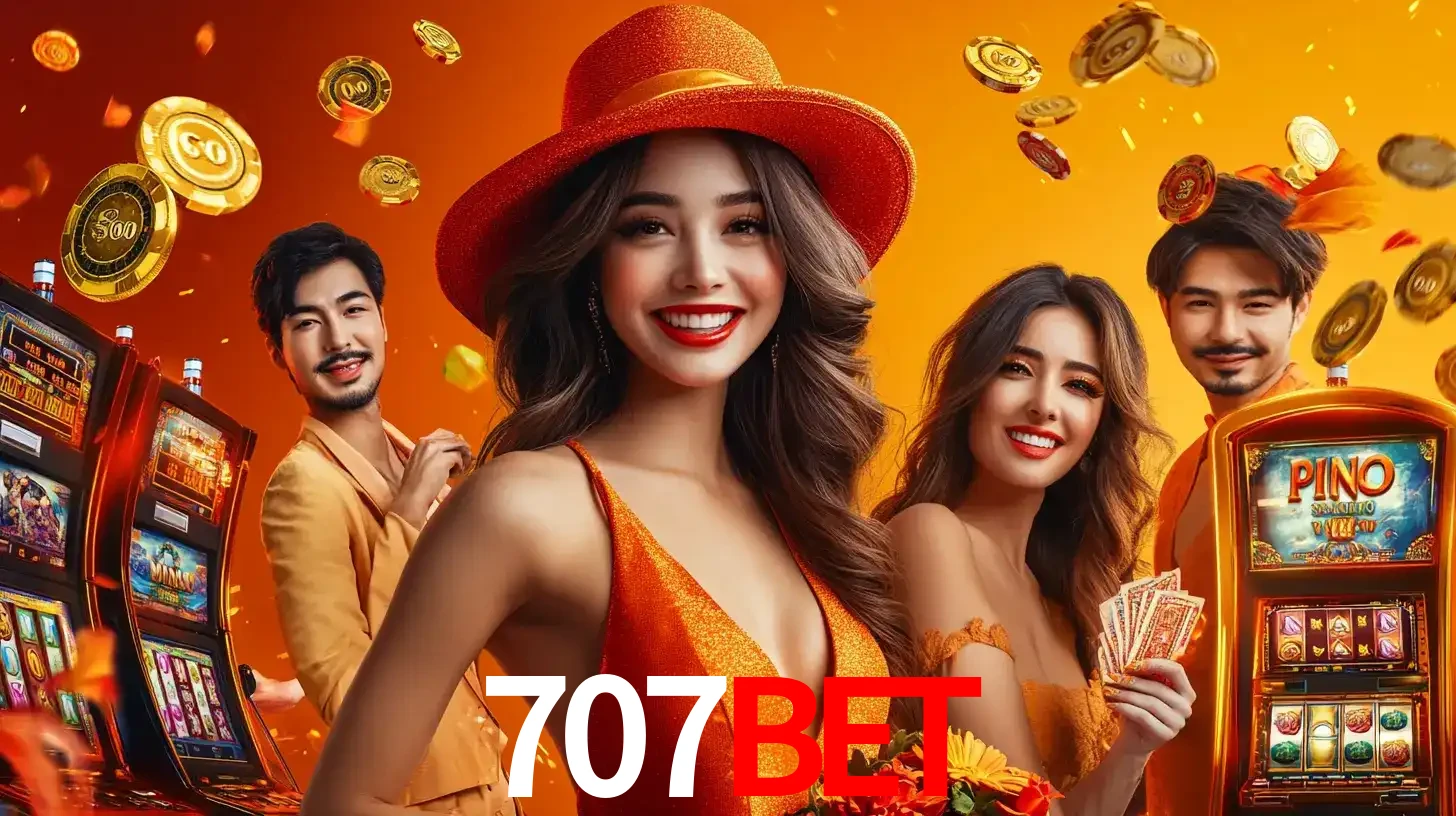 Grupo de amigos asiáticos sorrindo e se divertindo com máquinas de caça-níqueis em um ambiente festivo, celebrando suas vitórias nos jogos de cassino do 707bet.