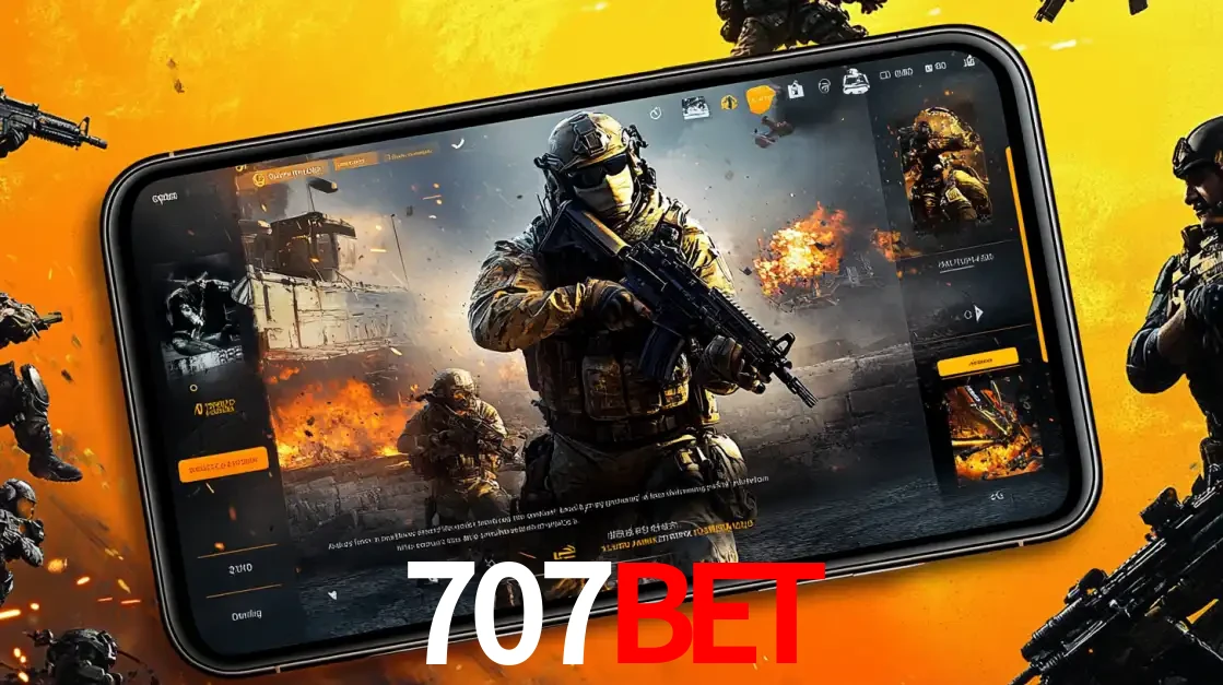 Um smartphone exibindo a interface de um jogo de tiro em primeira pessoa, com um soldado em um cenário de batalha, representando a ação dos e-sports para apostar no 707bet.