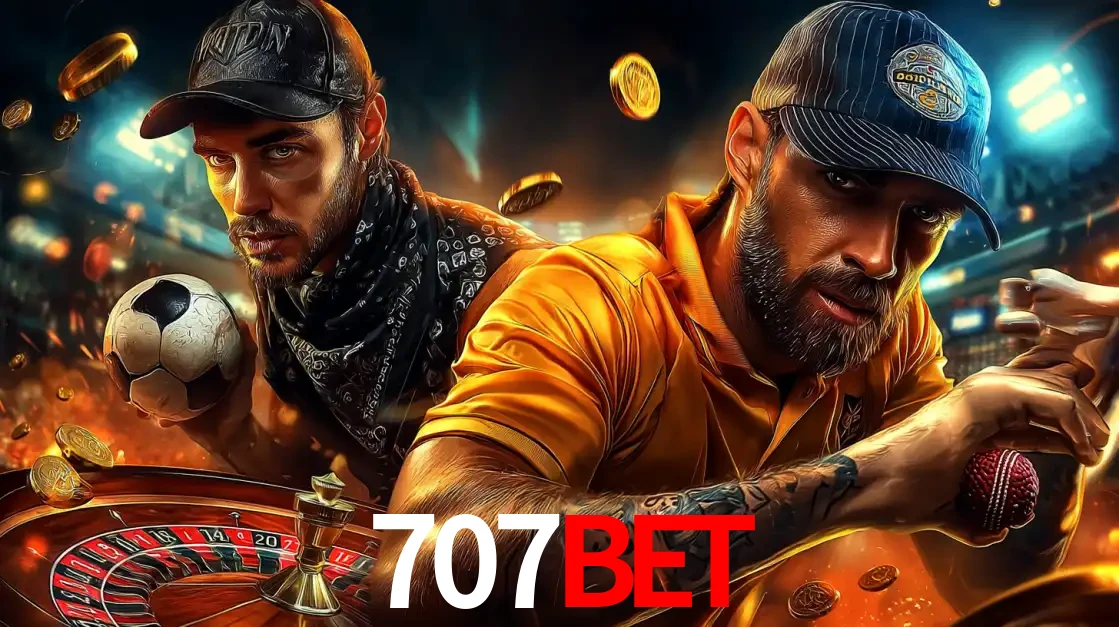 Montagem de apostas esportivas e cassino no 707bet, com um homem segurando uma bola de futebol e outro uma de beisebol sobre uma roleta e moedas voadoras.