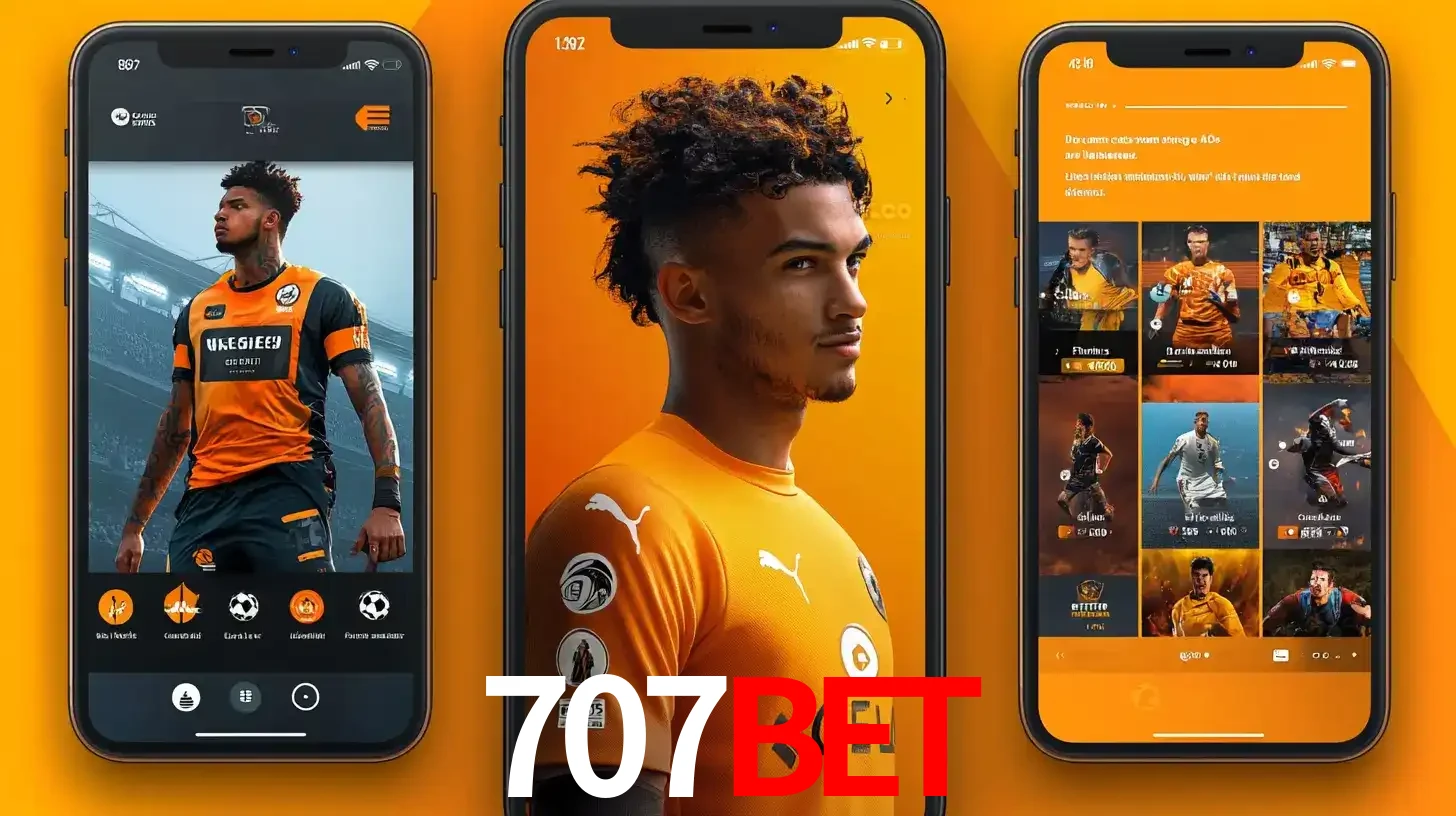 Interface do aplicativo de apostas esportivas 707bet em três telas de celular, mostrando o perfil de um jogador de futebol e a lista de jogos disponíveis para apostar.