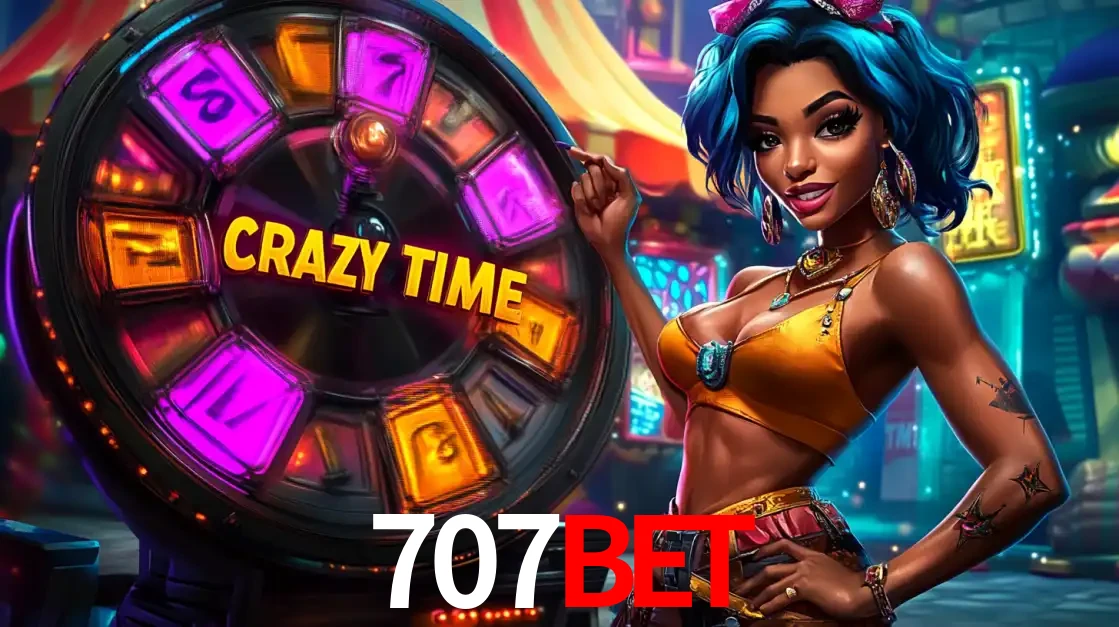 Mulher estilizada com cabelo azul e visual vibrante posando ao lado da roda de prêmios do game show Crazy Time, convidando para a diversão e os bônus do cassino 707bet.