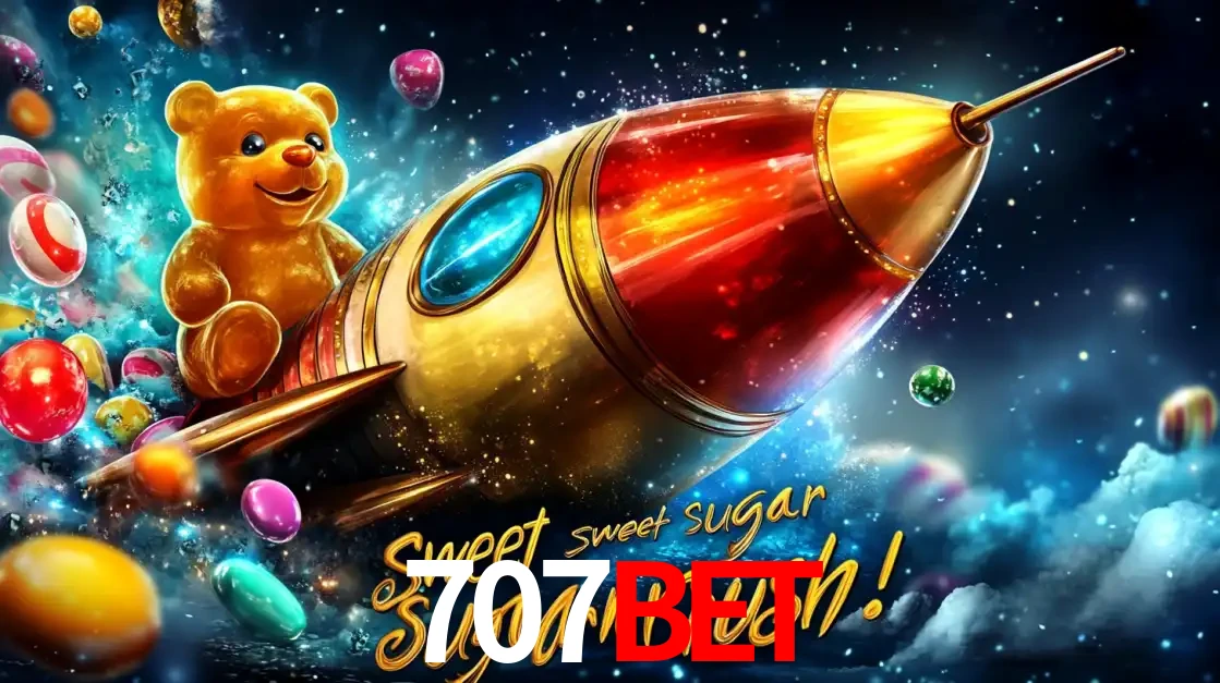 Arte promocional do jogo de slot Sugar Rush, com um urso de pelúcia em um foguete viajando pelo espaço de doces, um dos jogos divertidos disponíveis no cassino 707bet.