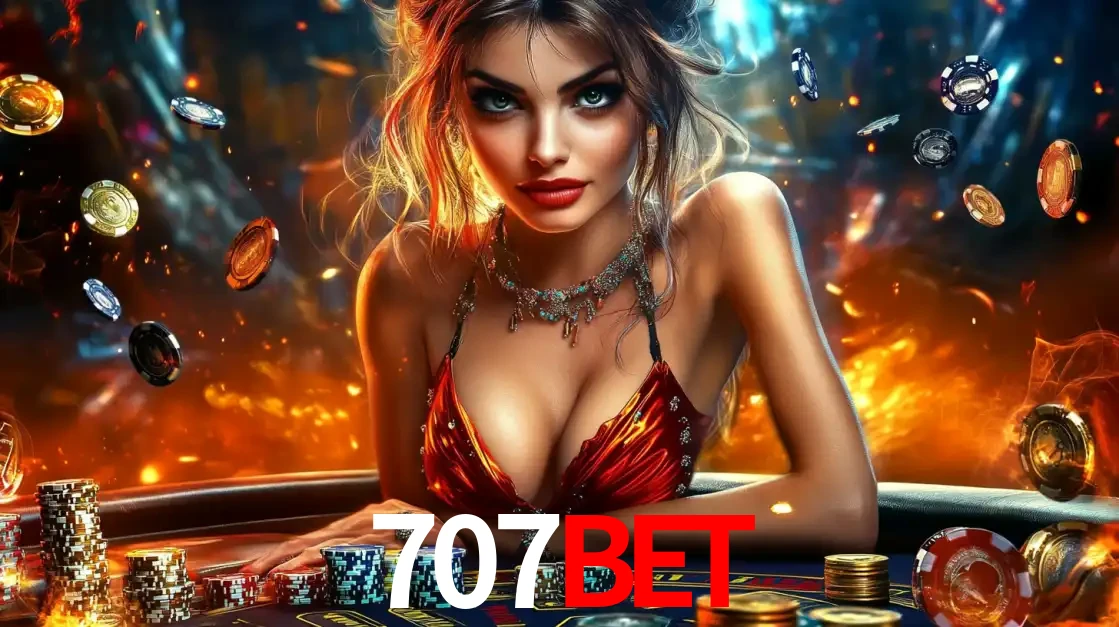 Mulher em uma mesa de cassino com pilhas de fichas e um fundo de fogo, pronta para uma rodada de altas apostas nos jogos de mesa emocionantes do cassino 707bet.