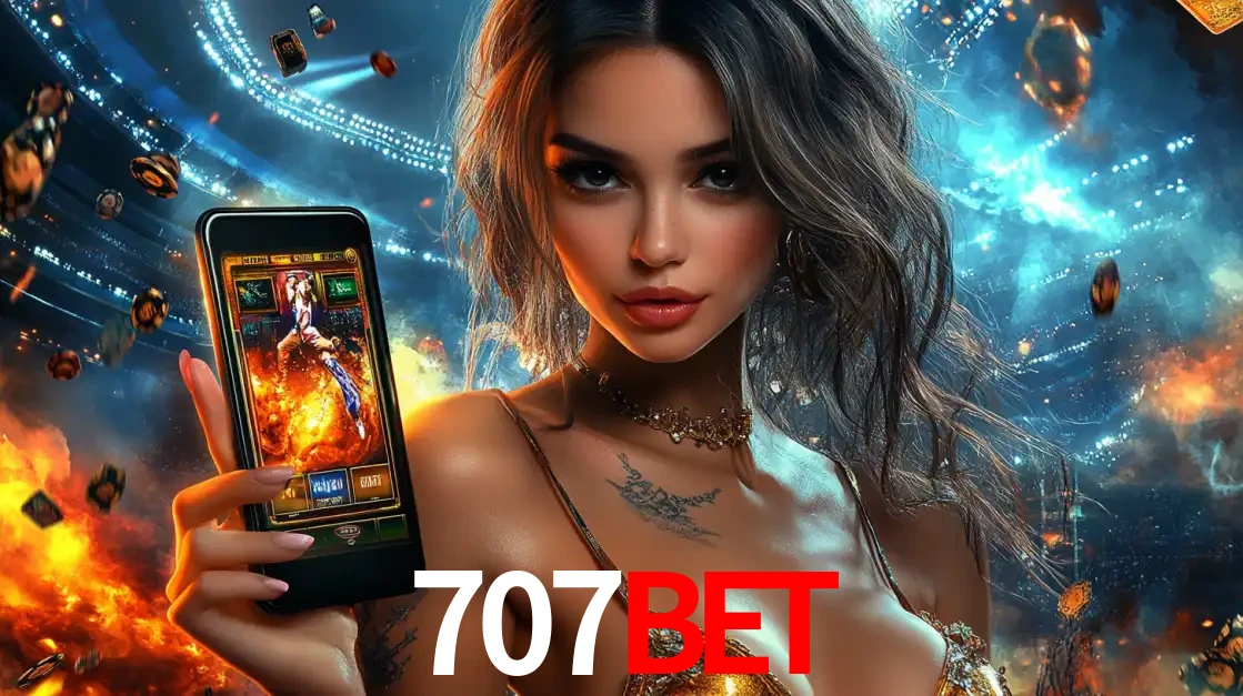 Mulher segurando um celular com um jogo de slot em destaque, tendo como fundo um estádio vibrante, simbolizando a emoção de jogar no cassino móvel 707bet.