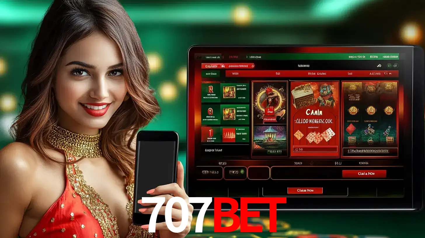 Mulher sorridente segurando um smartphone, ao lado de uma tela exibindo o lobby de jogos do cassino online 707bet, com várias opções de jogos de cartas e slots.